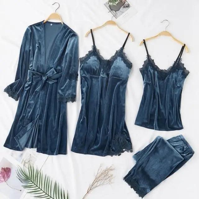 Luxe Satin 4-Piece Lace Pajama & Robe Set