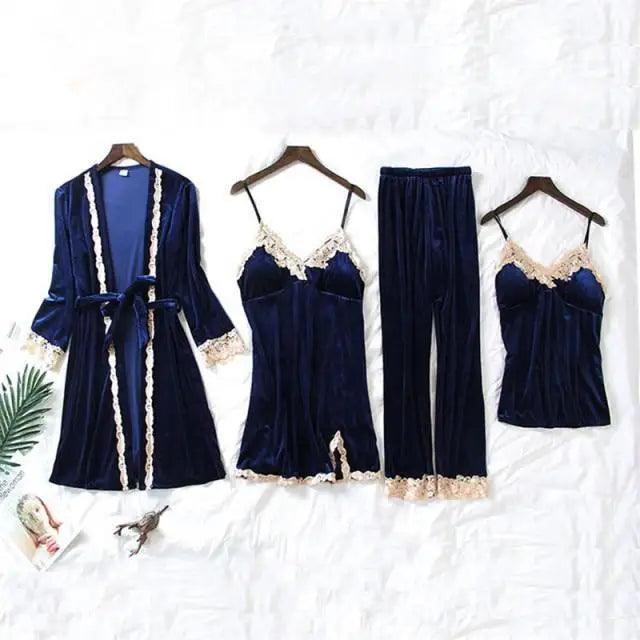 Luxe Satin 4-Piece Lace Pajama & Robe Set