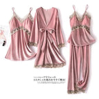 Luxe Satin 4-Piece Lace Pajama & Robe Set