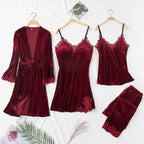 Luxe Satin 4-Piece Lace Pajama & Robe Set