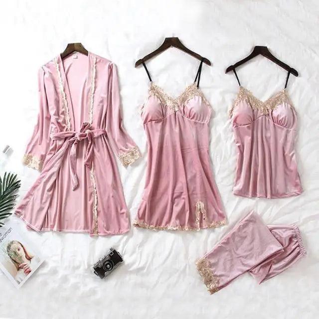 Luxe Satin 4-Piece Lace Pajama & Robe Set