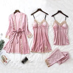 Luxe Satin 4-Piece Lace Pajama & Robe Set