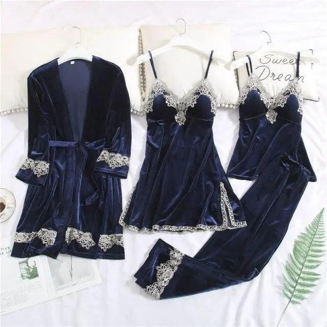 Luxe Satin 4-Piece Lace Pajama & Robe Set