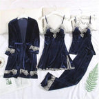 Luxe Satin 4-Piece Lace Pajama & Robe Set