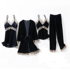 Luxe Satin 4-Piece Lace Pajama & Robe Set