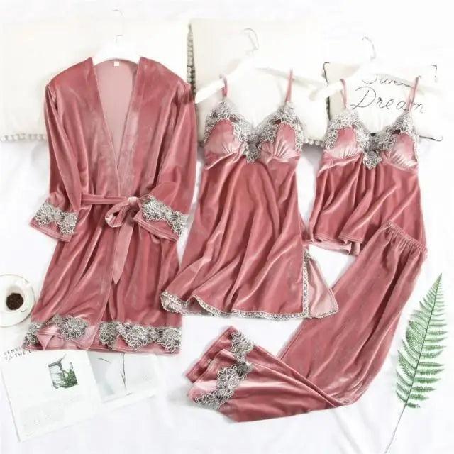 Luxe Satin 4-Piece Lace Pajama & Robe Set