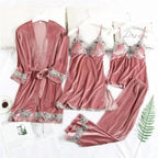 Luxe Satin 4-Piece Lace Pajama & Robe Set