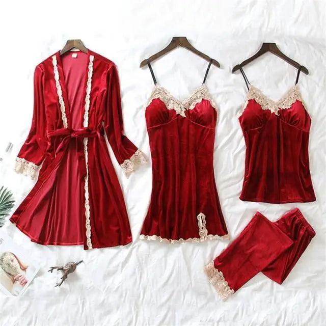 Luxe Satin 4-Piece Lace Pajama & Robe Set