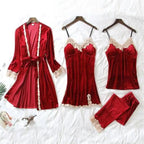 Luxe Satin 4-Piece Lace Pajama & Robe Set