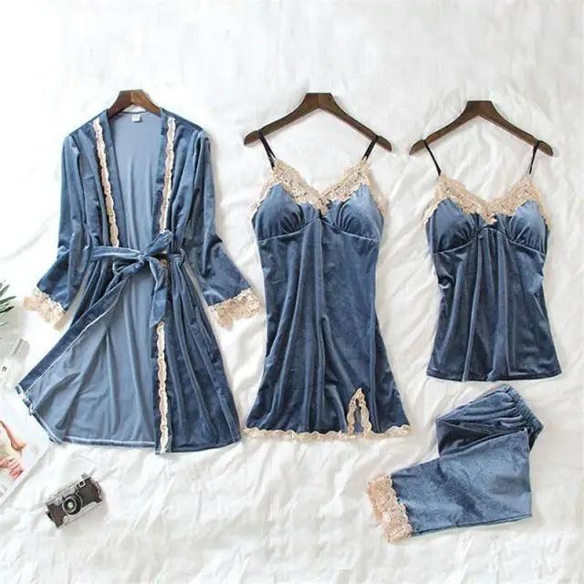 Luxe Satin 4-Piece Lace Pajama & Robe Set