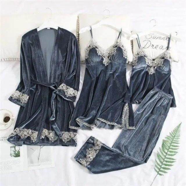 Luxe Satin 4-Piece Lace Pajama & Robe Set