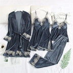 Luxe Satin 4-Piece Lace Pajama & Robe Set