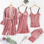 Luxe Satin 4-Piece Lace Pajama & Robe Set